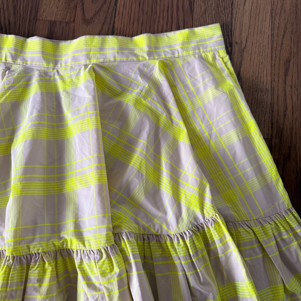 H&M Neon Yellow Plaid Tiered Ruffle Mini Skirt Flared Check Pockets Size 8 - Picture 11 of 11
